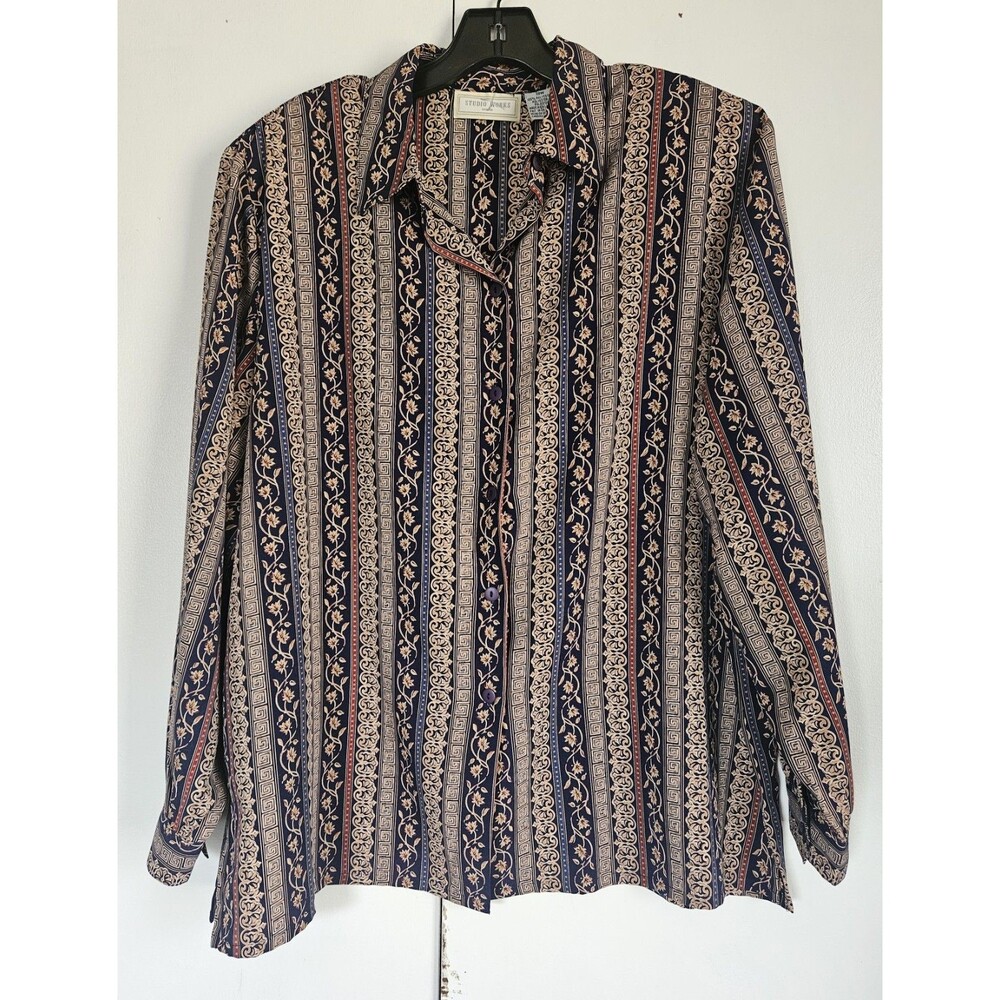 Vintage Studio Works Womens 18W Button Up Blouse Floral Stripe Long Sleeve Plus - Picture 1 of 8